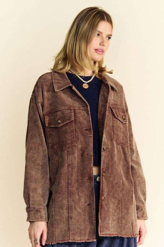 Davi & Dani Washed Corduroy Raw Hem Button Up Jacket