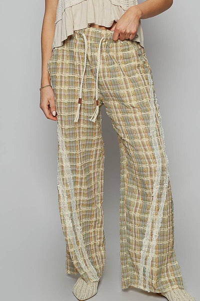 POL Lace Trim Drawstring Checkered Wide Leg Pants