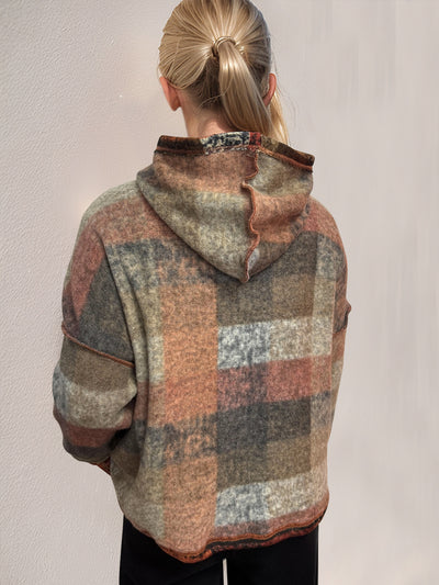 Double Take Full Size Plaid Dropped Shoulder Fleece Hoodie