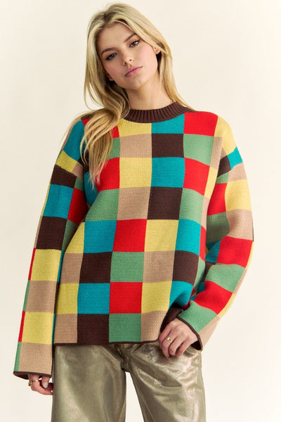 Davi & Dani Color Block Checkered Dropped Shoulder Sweater