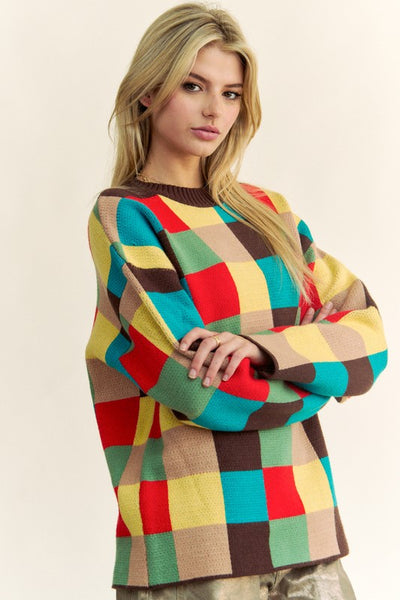 Davi & Dani Color Block Checkered Dropped Shoulder Sweater