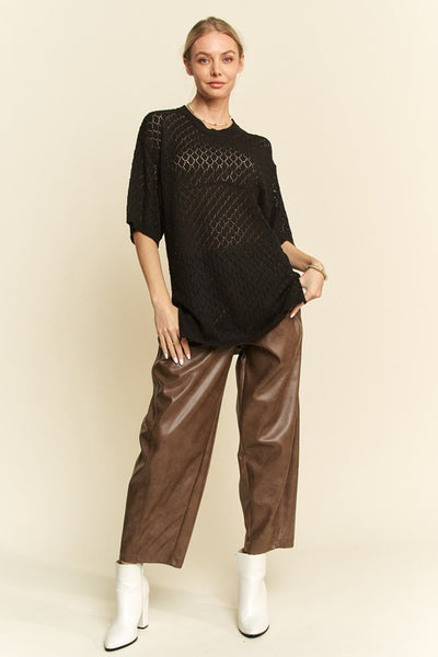 Davi & Dani Side Slit Openwork Round Neck Half Sleeve Knit Cover Up