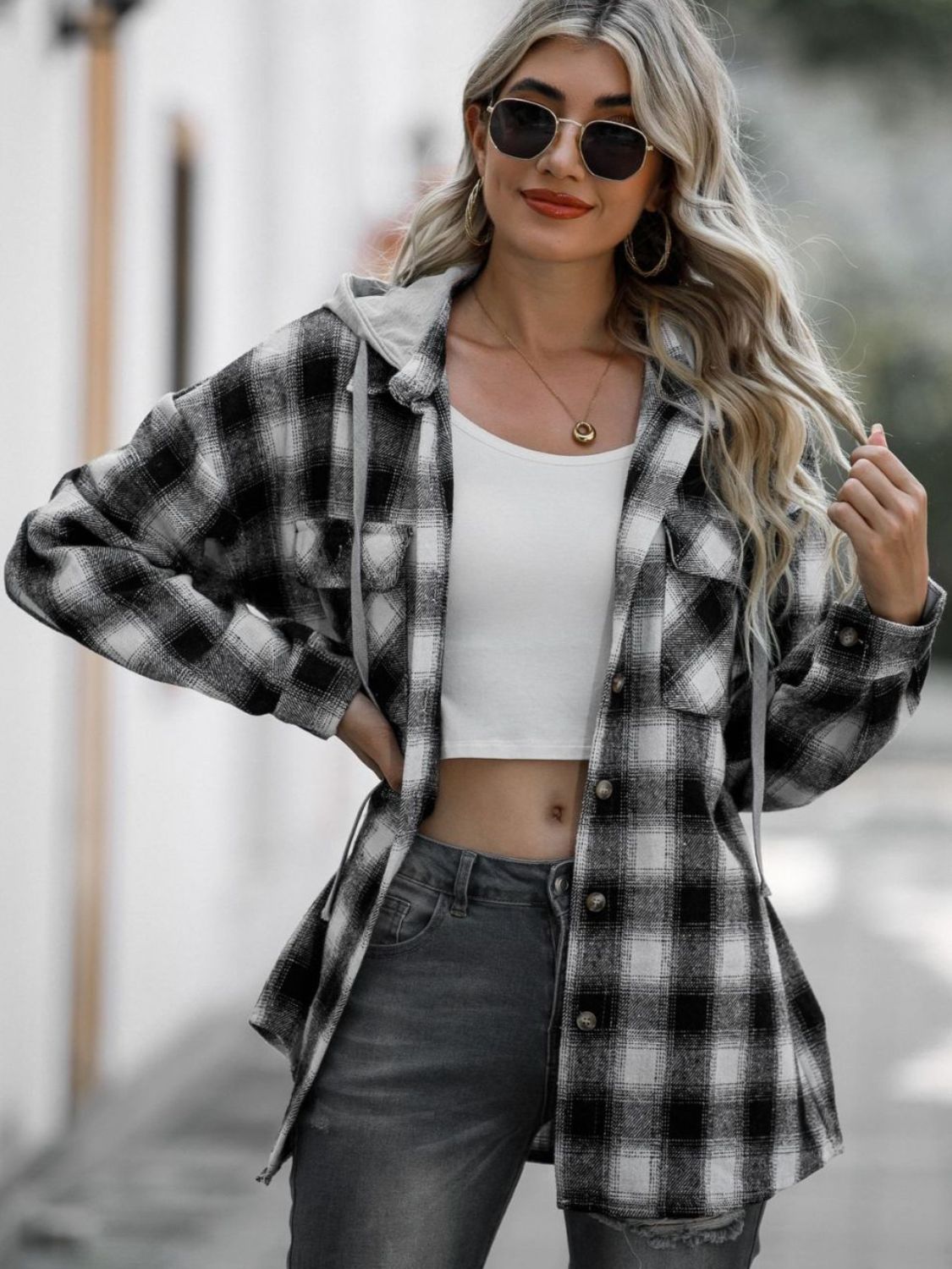 Double Take Drawstring Plaid Long Sleeve Hooded Shacket