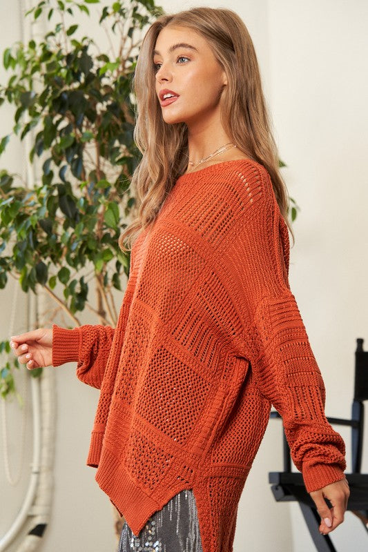 Davi & Dani Openwork Side Slit Drop Shoulder Knit Cover Up