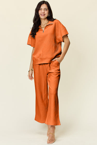 Double Take Full Size Texture Half Zip Short Sleeve Top and Pants Set