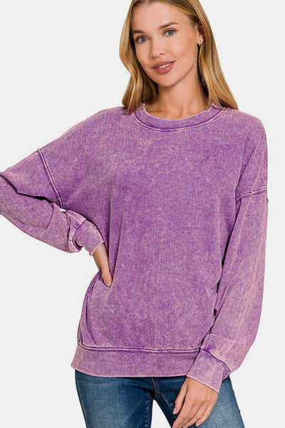 Zenana Washed Round Neck Dropped Shoulder Sweatshirt