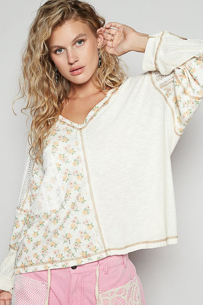 POL Floral Crochet Patch V-Neck Top