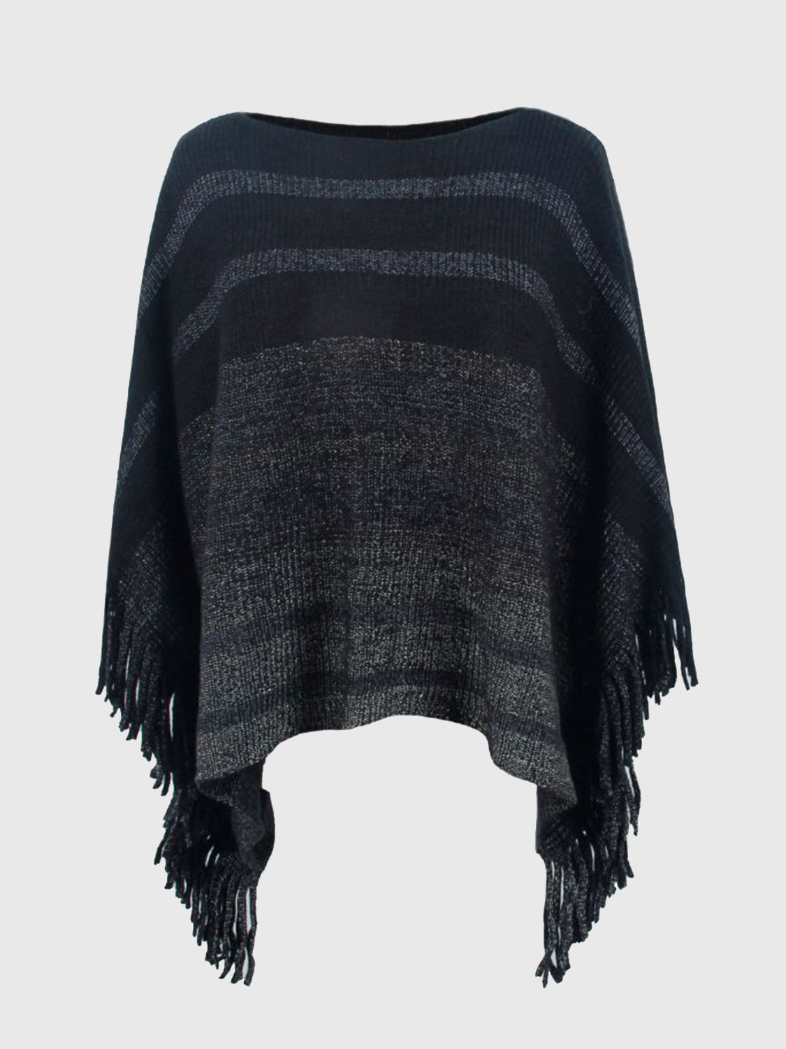 Striped Boat Neck Poncho with Fringes