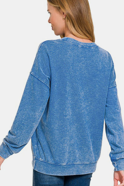 Zenana Washed Round Neck Dropped Shoulder Sweatshirt