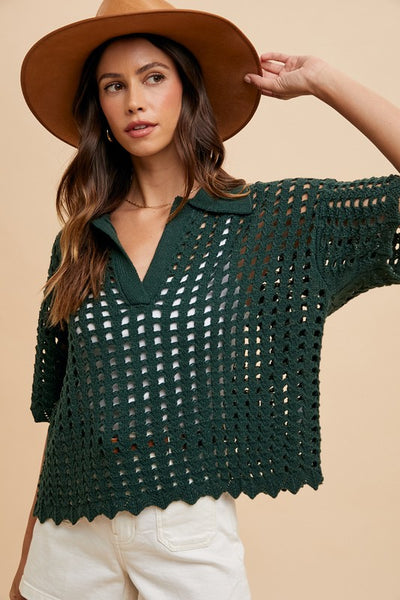 Annie Wear Openwork Johnny Collar Knit Cover Up