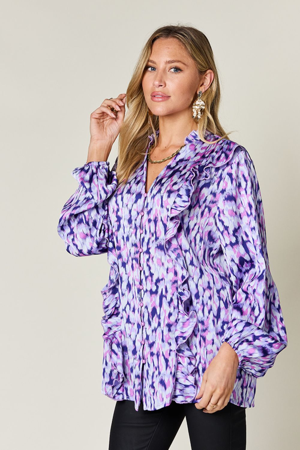 Double Take Full Size Printed Ruffle Trim Balloon Sleeve Shirt