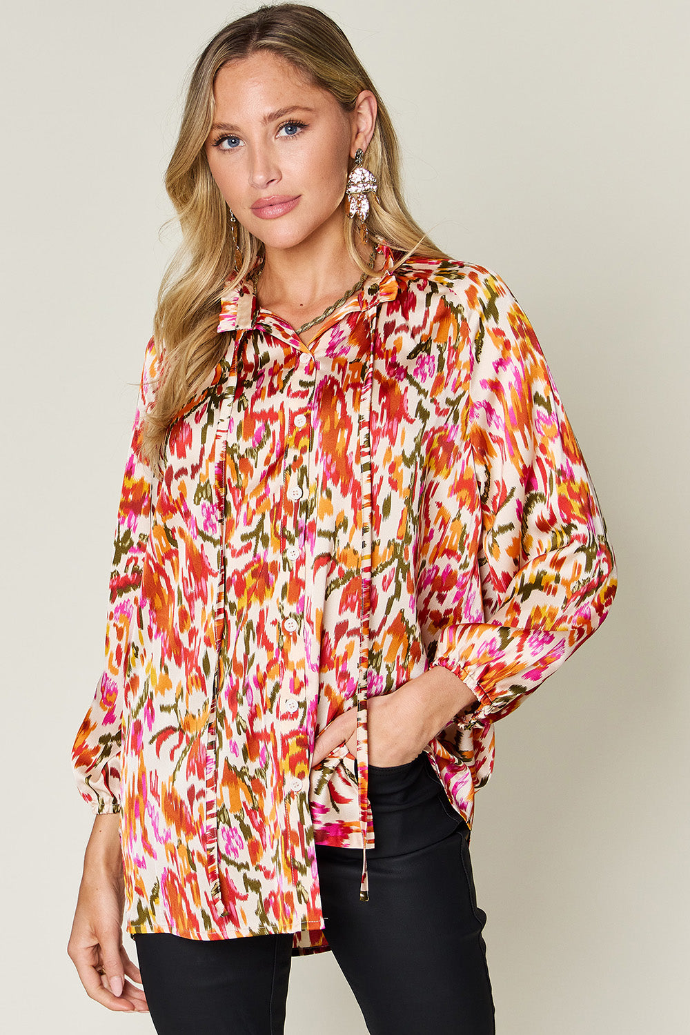 Double Take Full Size Printed Button Up Long Sleeve Shirt