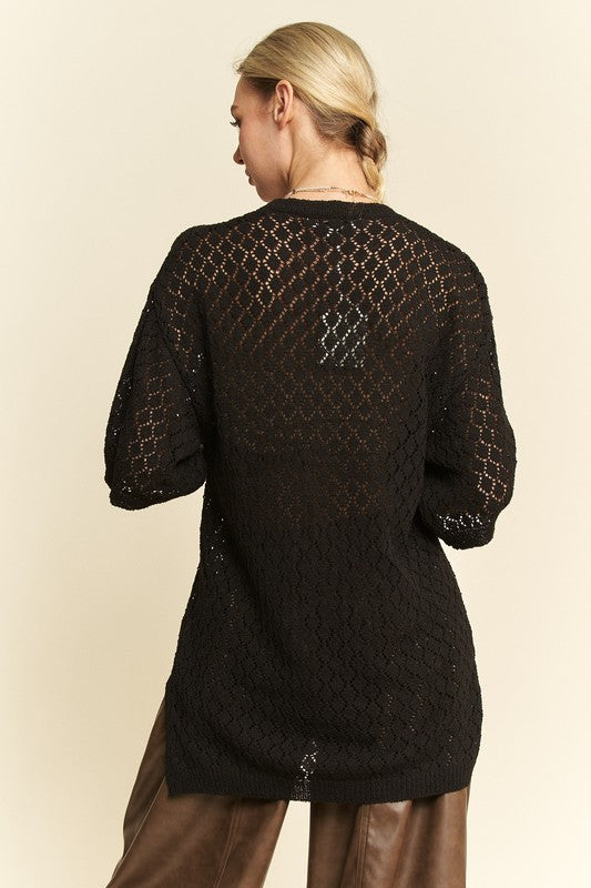 Davi & Dani Side Slit Openwork Round Neck Half Sleeve Knit Cover Up