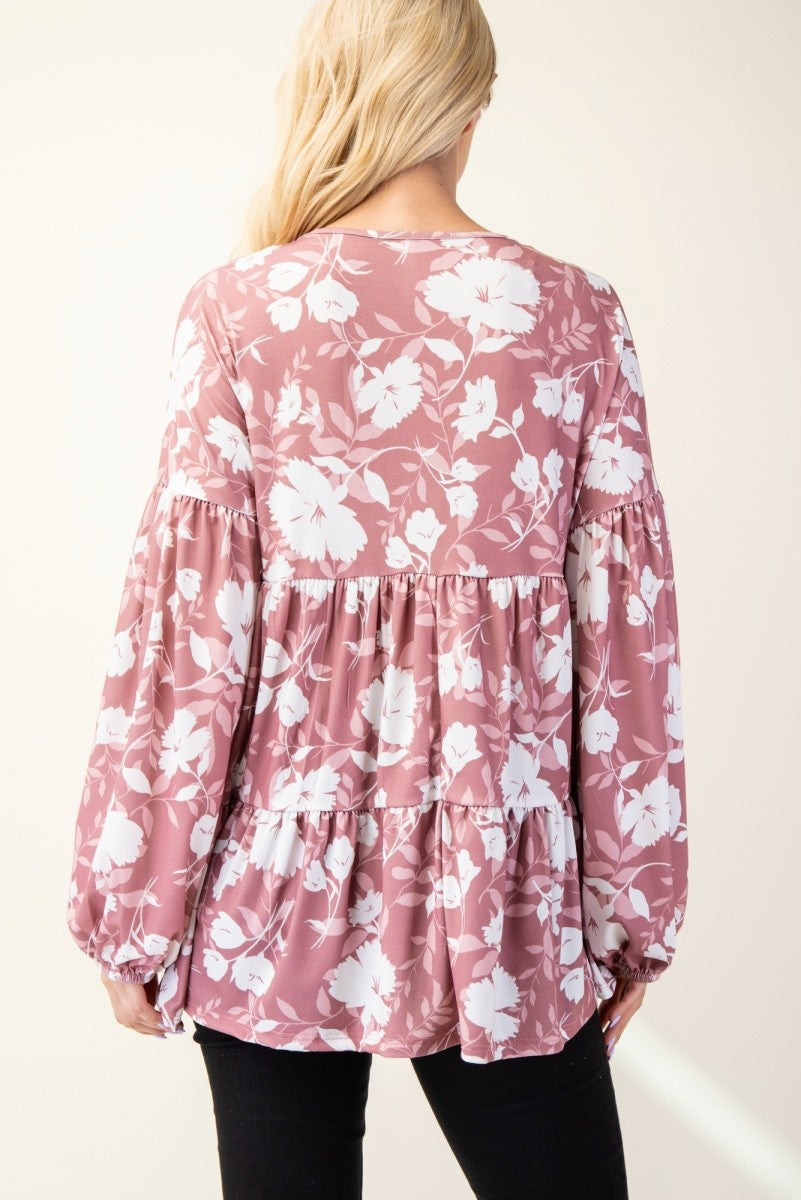 Celeste Full Size Tiered Floral V-Neck Long Sleeve Blouse