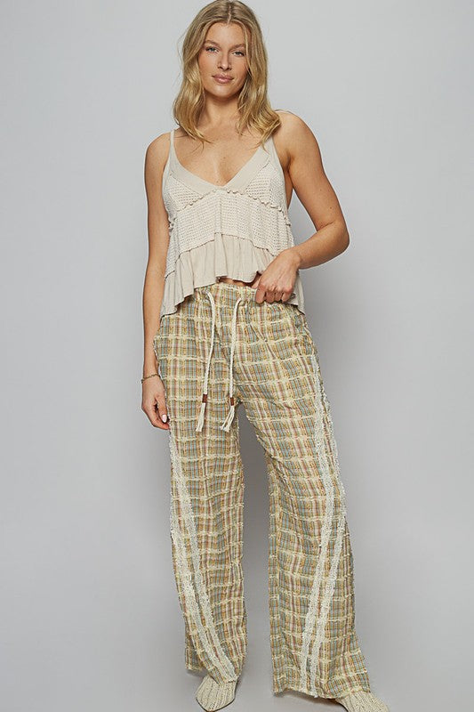 POL Lace Trim Drawstring Checkered Wide Leg Pants