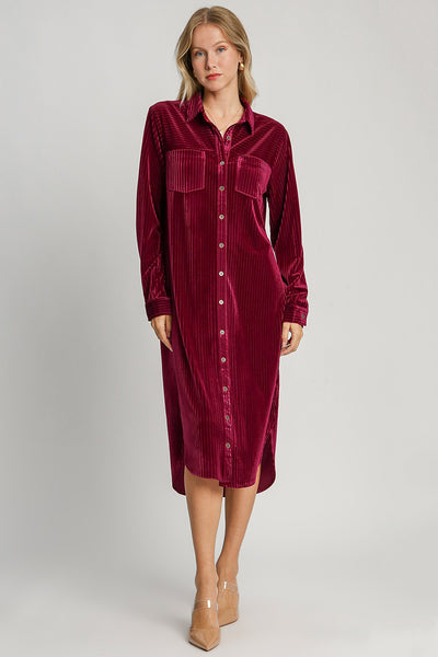 Umgee Texture Curved Hem Button Down Shirt Dress