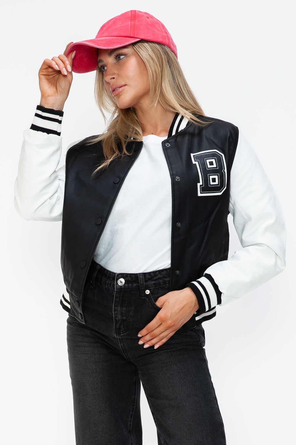 Love Me Now PU Leather Contrast Snap Down Bomber Jacket