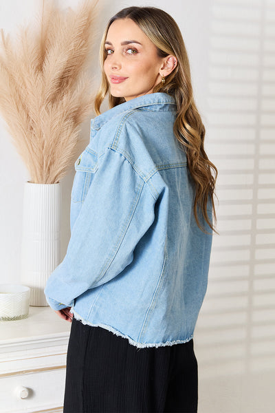 Double Take Dropped Shoulder Raw Hem Denim Jacket